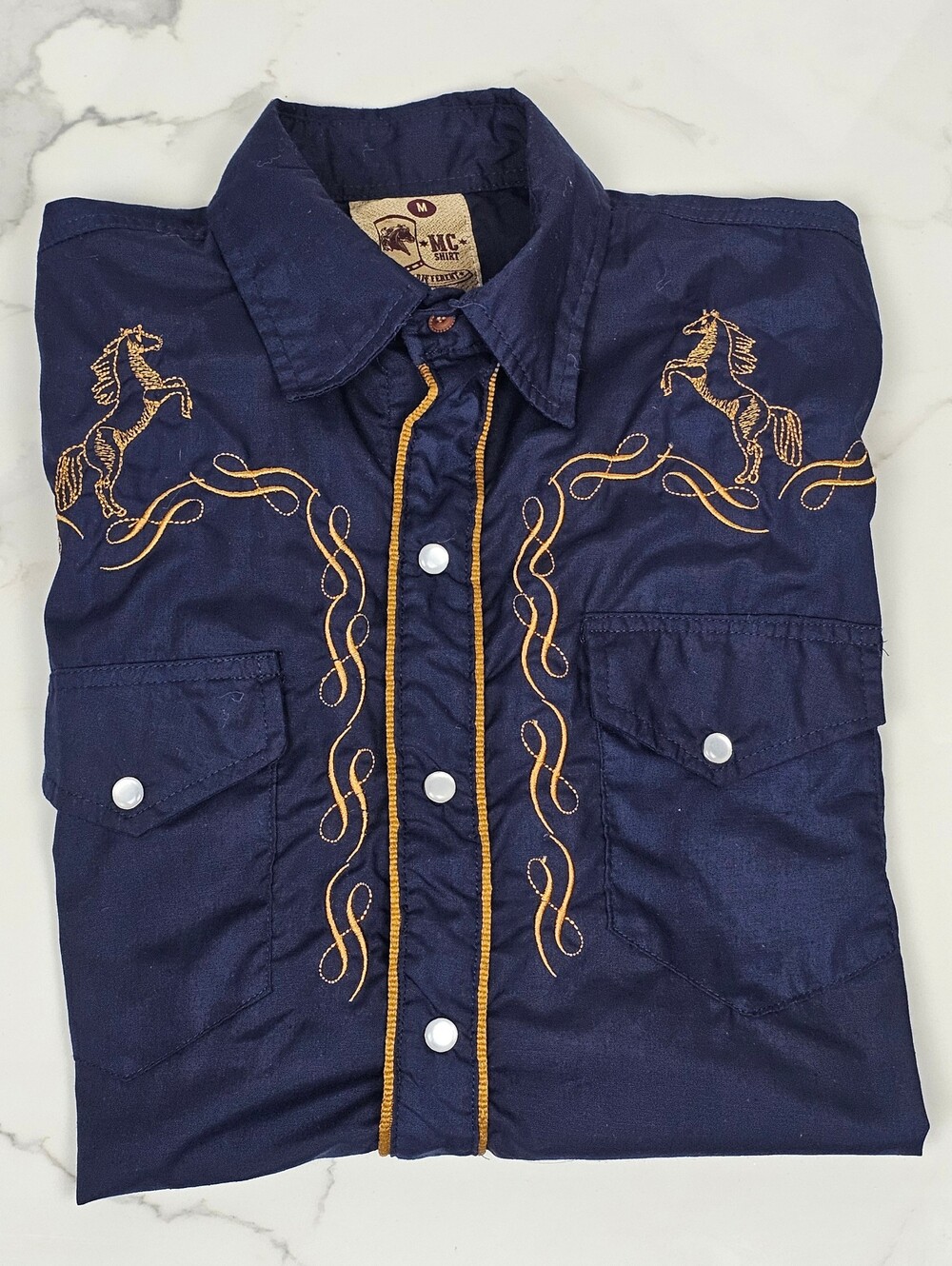 ​MC Shirt Different Mens Med. Navy Blue Western Pearl Snap Shirt Embroidered